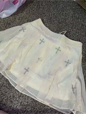 Cream Pleated Skater Skirt with Crystal Cross Accents